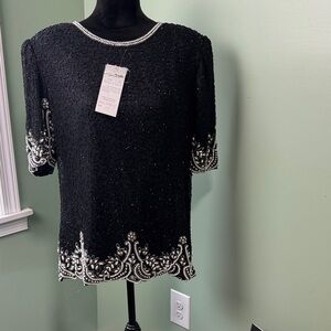 NWT Laurence Kazar silk black beaded top 1X